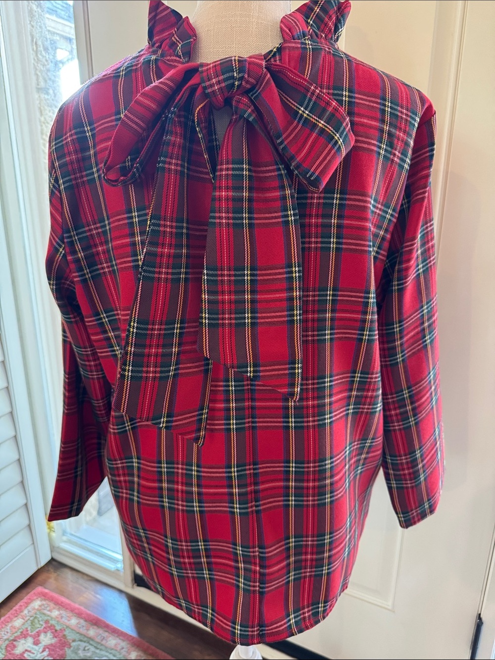 Tartan Red -Sz L- Plaid Bow Back Top - Picture 8 of 13